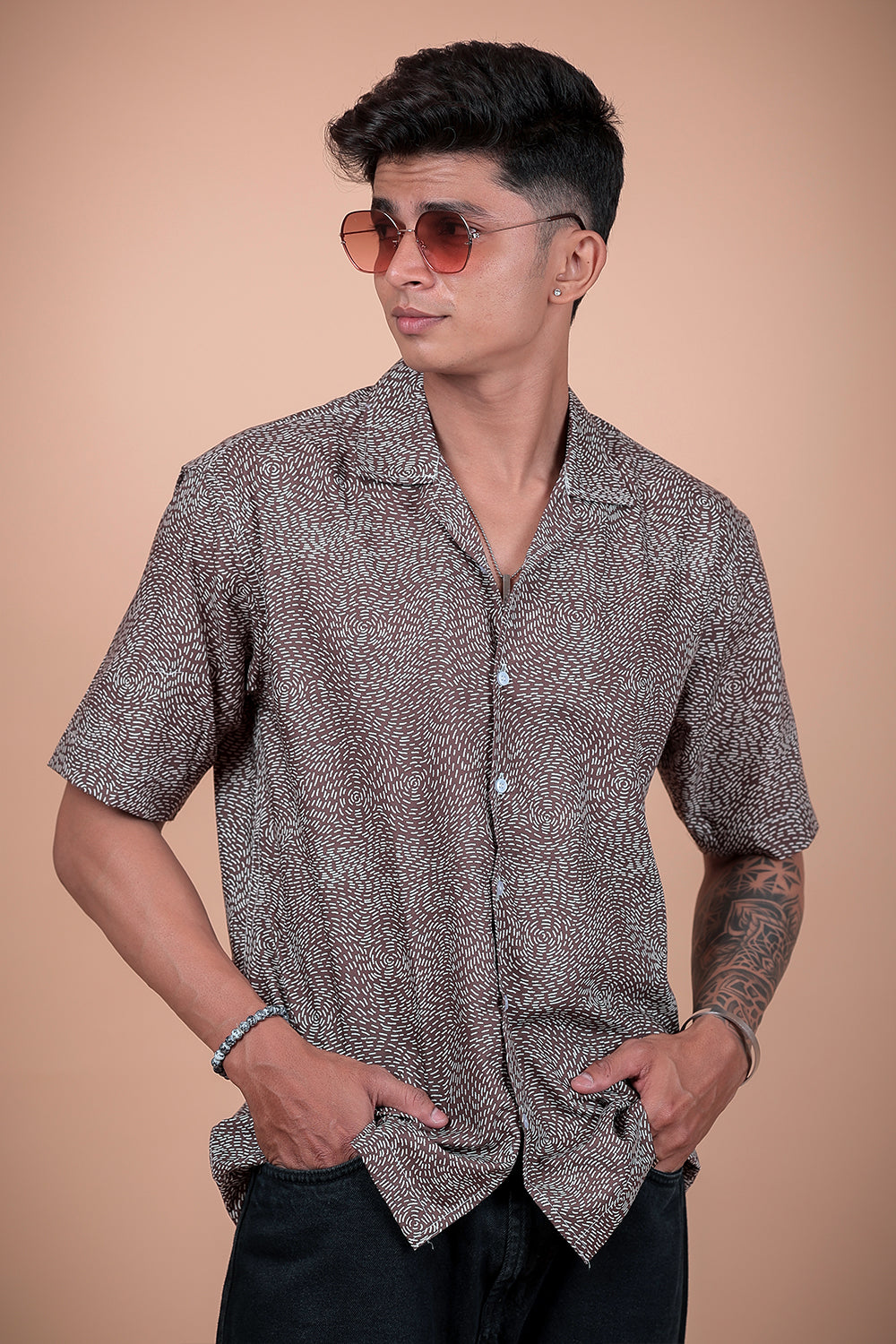 Brown And White Printed Half Sleeve Shirt