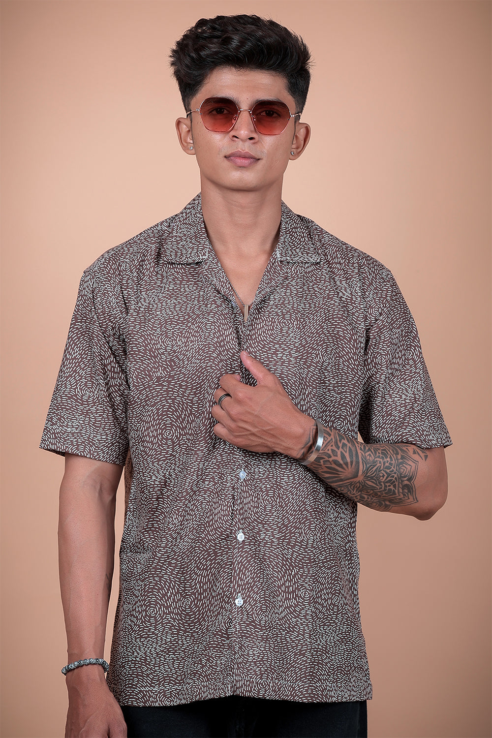 Brown And White Printed Half Sleeve Shirt