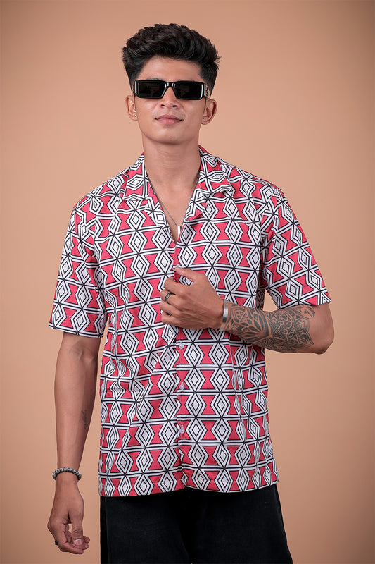 Red And White Printed Half Sleeve Shirt