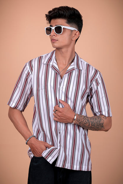 White Striped Printed Half Sleeve Shirt