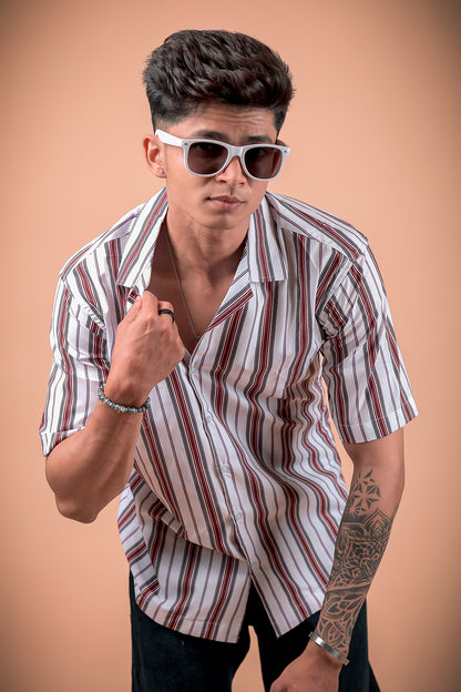 White Striped Printed Half Sleeve Shirt
