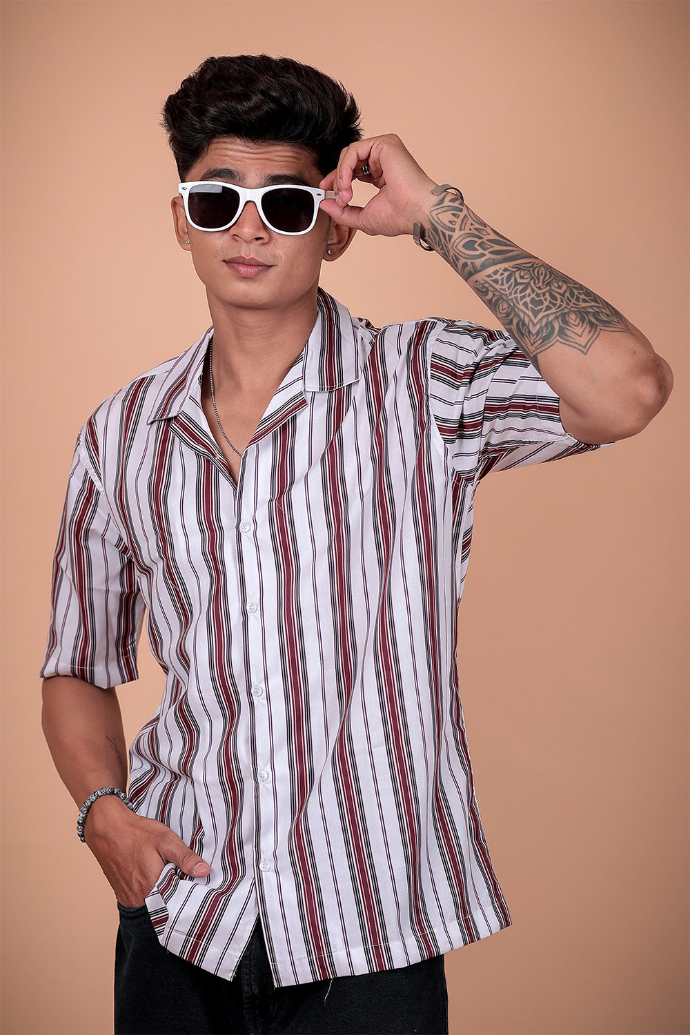 White Striped Printed Half Sleeve Shirt
