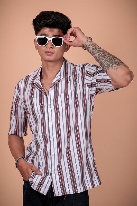 White Striped Printed Half Sleeve Shirt