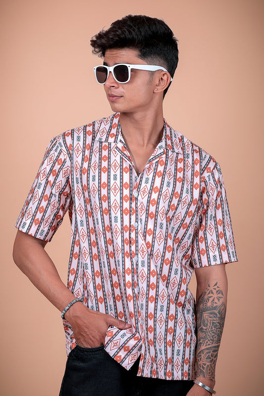 White Ethnic Stripe Printed Half Sleeve Shirt