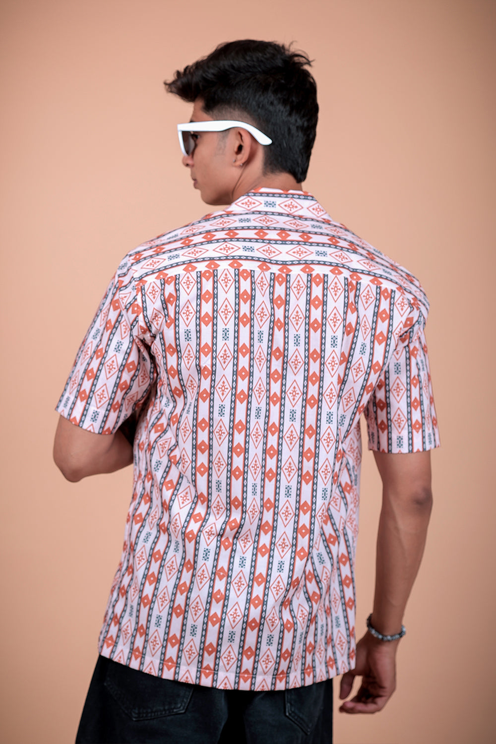 White Ethnic Stripe Printed Half Sleeve Shirt