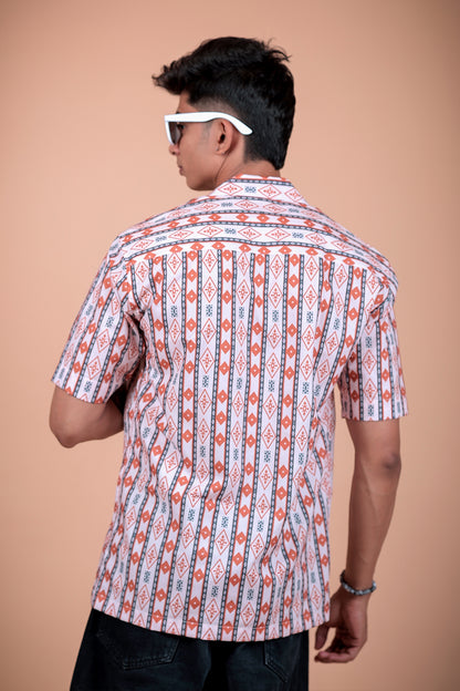 White Ethnic Stripe Printed Half Sleeve Shirt