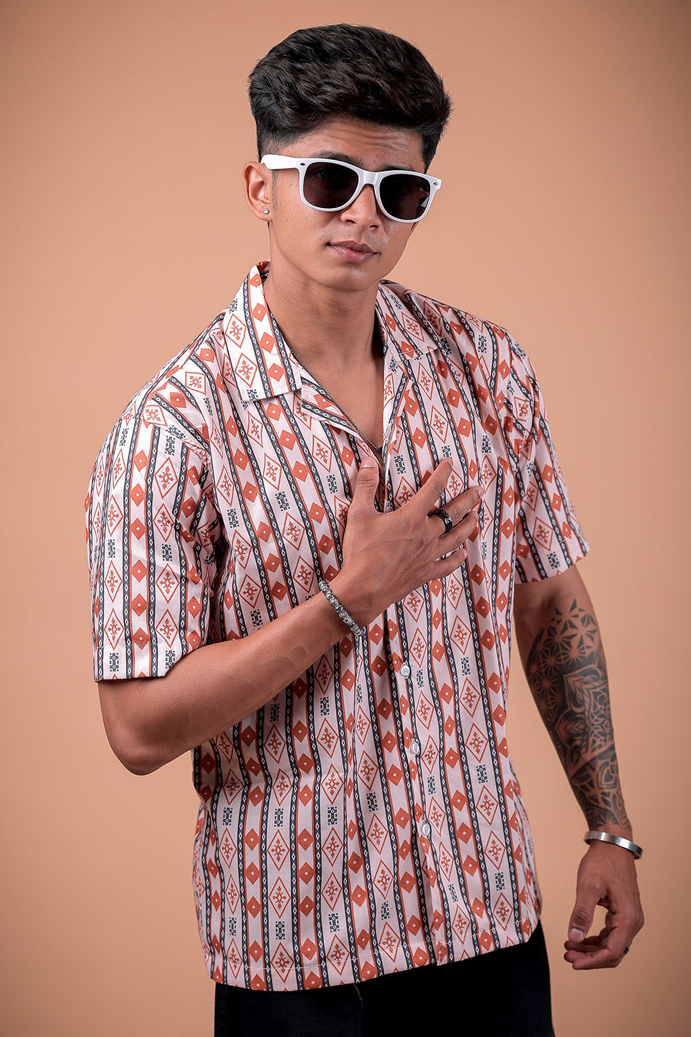 White Ethnic Stripe Printed Half Sleeve Shirt