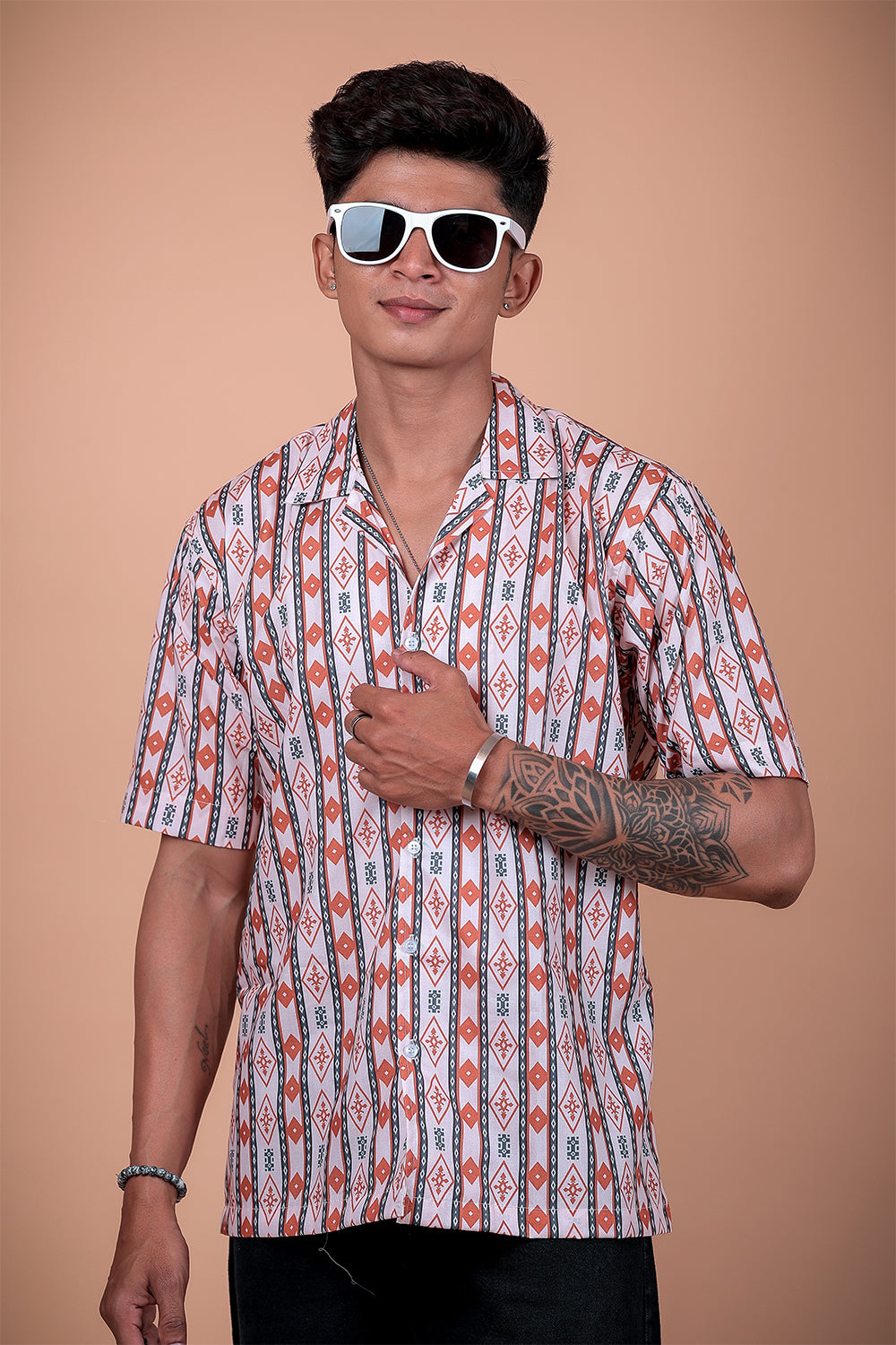 White Ethnic Stripe Printed Half Sleeve Shirt