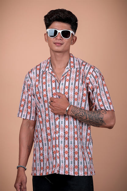 White Ethnic Stripe Printed Half Sleeve Shirt
