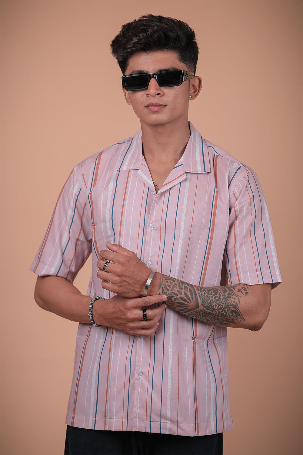 Peach Striped Printed Half Sleeve Shirt
