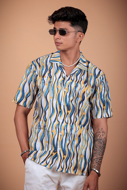 Navy Blue Wave Printed Half Sleeve Shirt