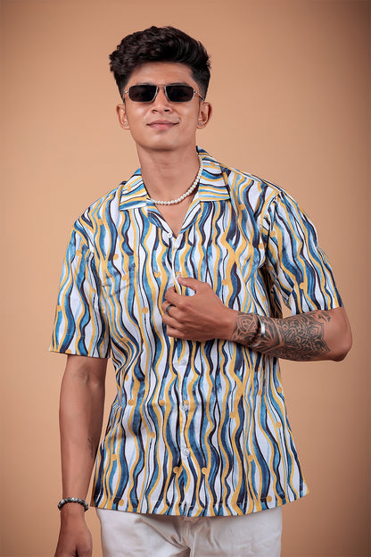 Navy Blue Wave Printed Half Sleeve Shirt
