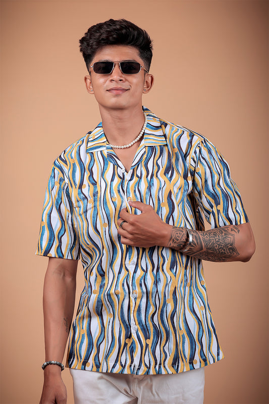 Navy Blue Wave Printed Half Sleeve Shirt