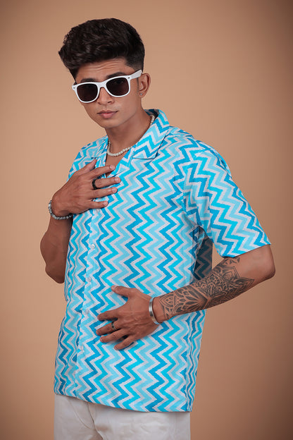 Sky Blue Zig Zag Printed Half Sleeve Shirt