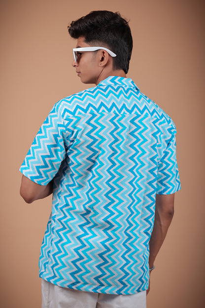 Sky Blue Zig Zag Printed Half Sleeve Shirt