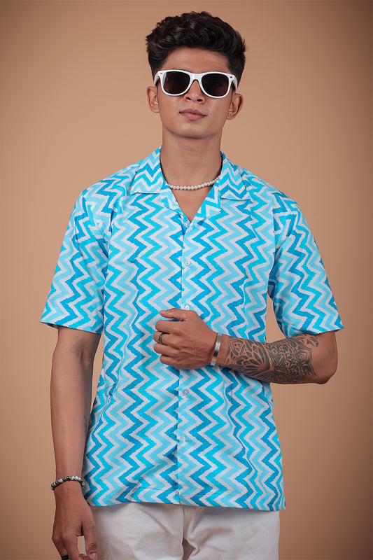 Sky Blue Zig Zag Printed Half Sleeve Shirt