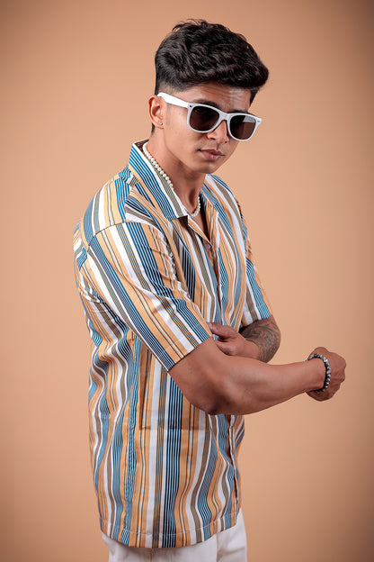 Blue And Yellow Striped Printed Half Sleeve Shirt