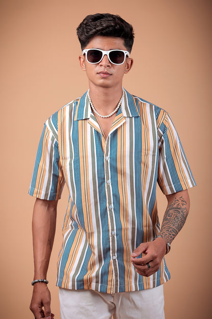 Blue And Yellow Striped Printed Half Sleeve Shirt
