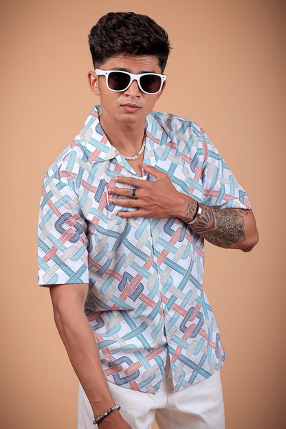 White And Blue Printed Half Sleeve Shirt