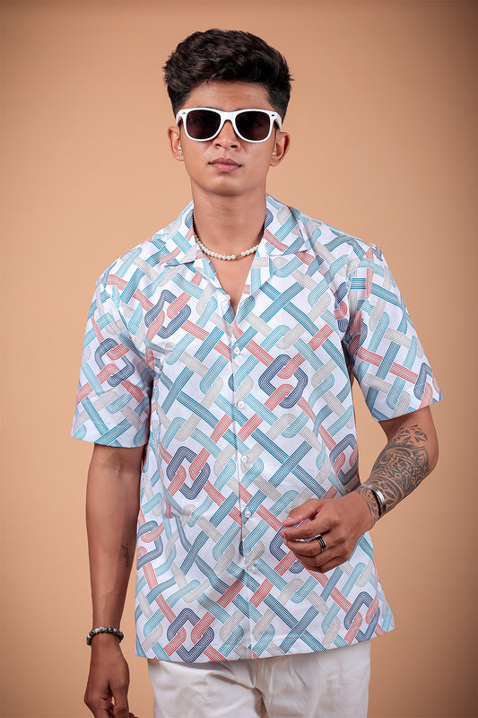 White And Blue Printed Half Sleeve Shirt