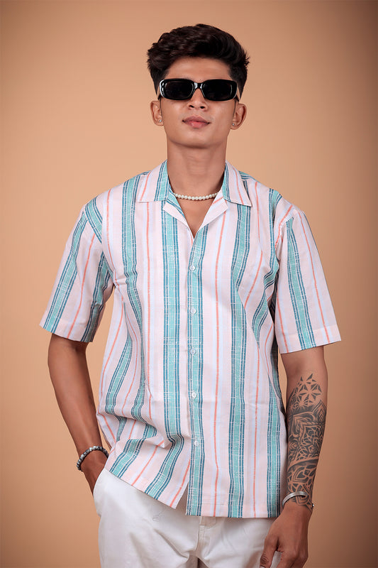 Peach And Grey Printed Half Sleeve Shirt