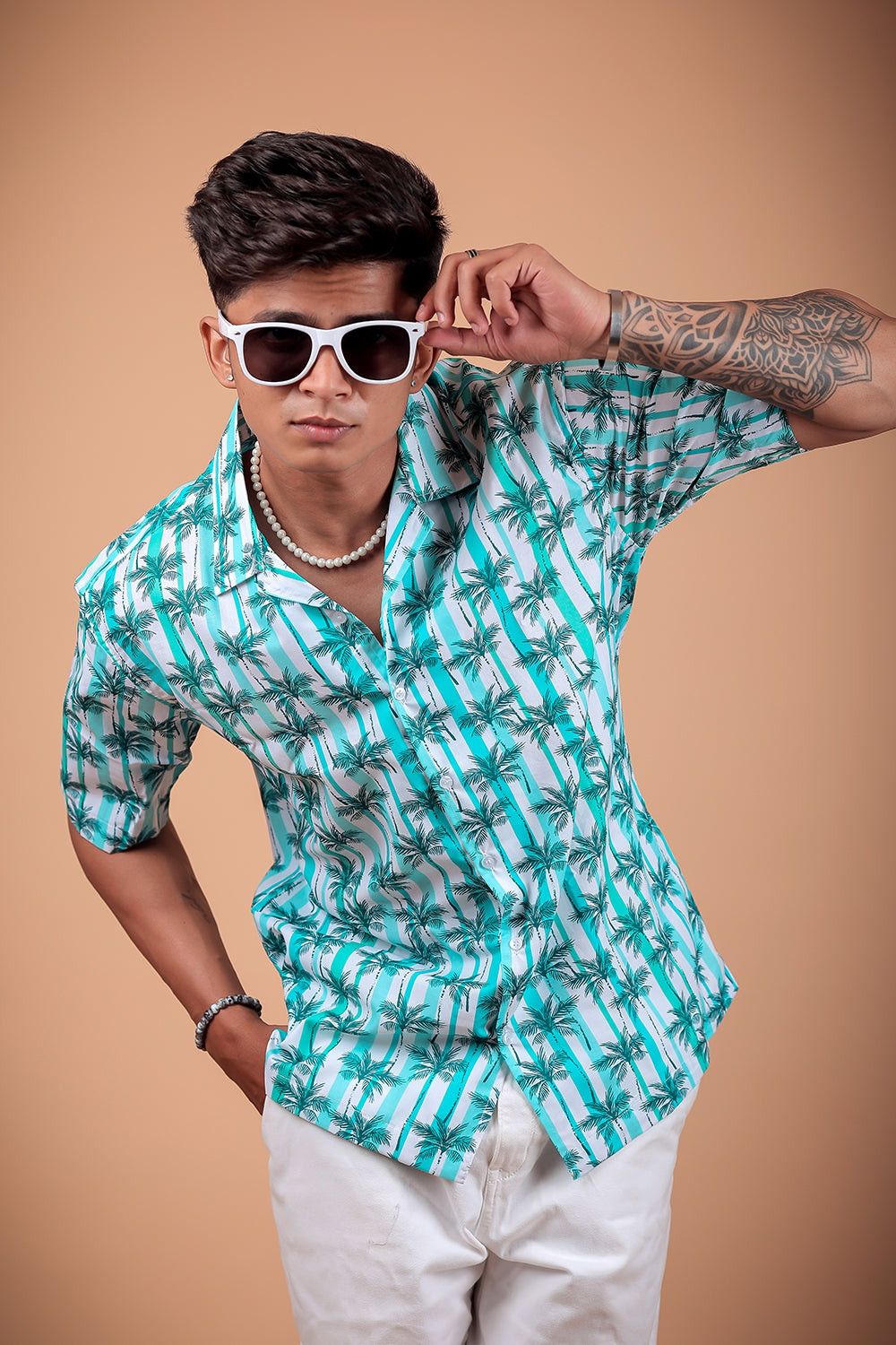 Aqua Green Printed Half Sleeve Shirt
