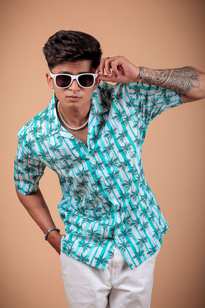 Aqua Green Printed Half Sleeve Shirt