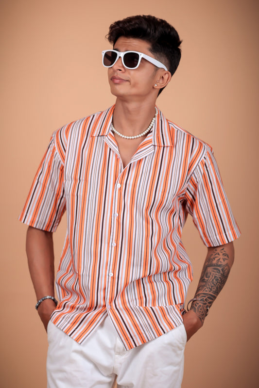 Orange Striped Printed Half Sleeve Shirt