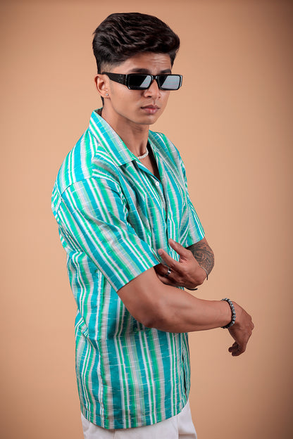 Aqua Green Striped Printed Half Sleeve Shirt