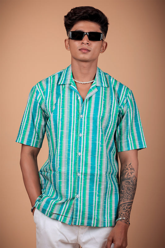 Aqua Green Striped Printed Half Sleeve Shirt