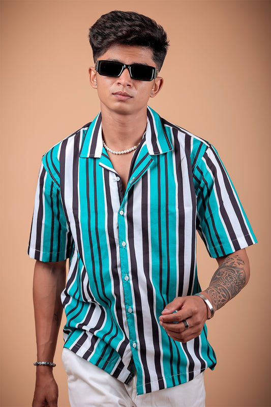 Black And Aqua Striped Printed Half Sleeve Shirt