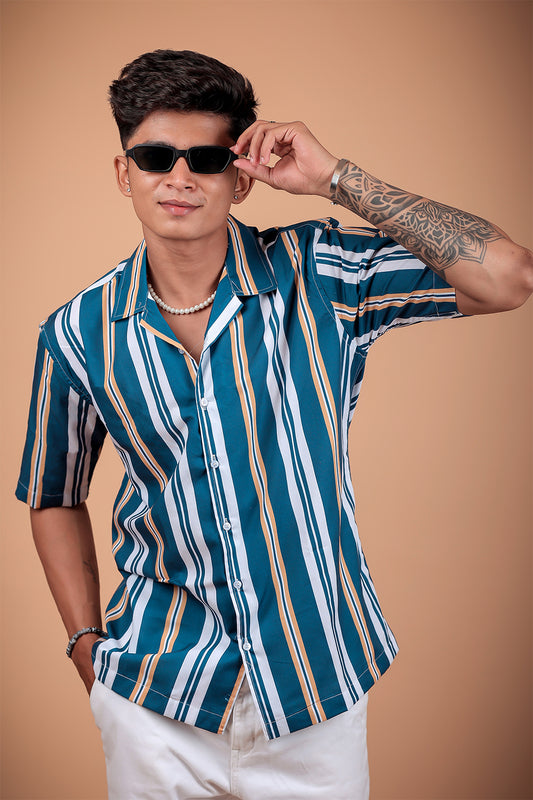 Bottle Green Striped Printed Half Sleeve Shirt