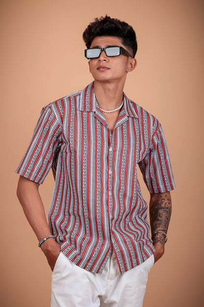 Red And White Printed Half Sleeve Shirt