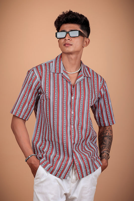 Red And White Printed Half Sleeve Shirt