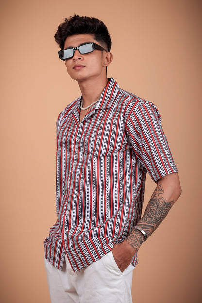 Red And White Printed Half Sleeve Shirt