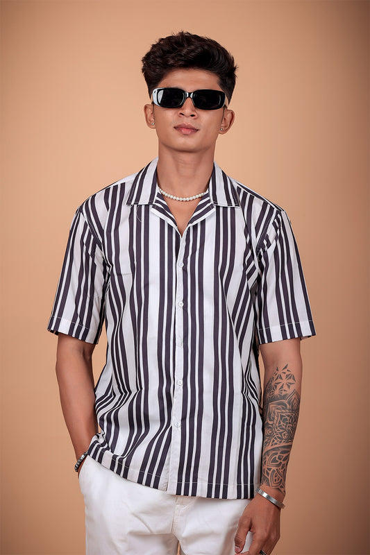 Black And White Striped Printed Half Sleeve Shirt