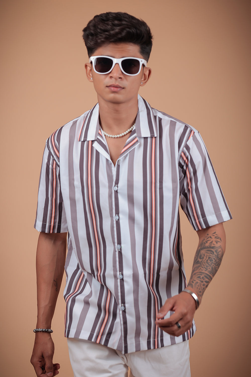 White And Grey Printed Half Sleeve Shirt