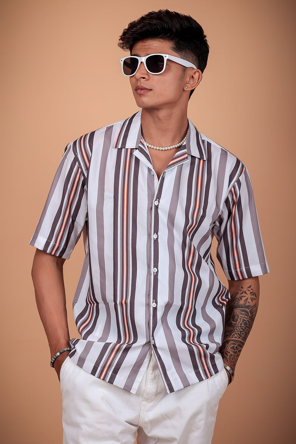 White And Grey Printed Half Sleeve Shirt