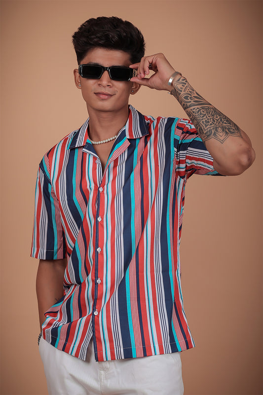 Red And Blue Striped Printed Half Sleeve Shirt